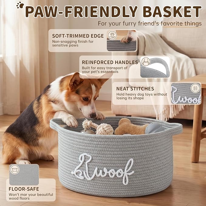 OIAHOMY 22L Large Dog Toy Basket, 16.5"x11.4"x9" Cotton Rope Basket with Cute Woof Embroidery, Soft Woven Pet Toy Box with Handles for Blankets, Leashes & Puppy Accessories, Decorative Organizer Gray - Image 4