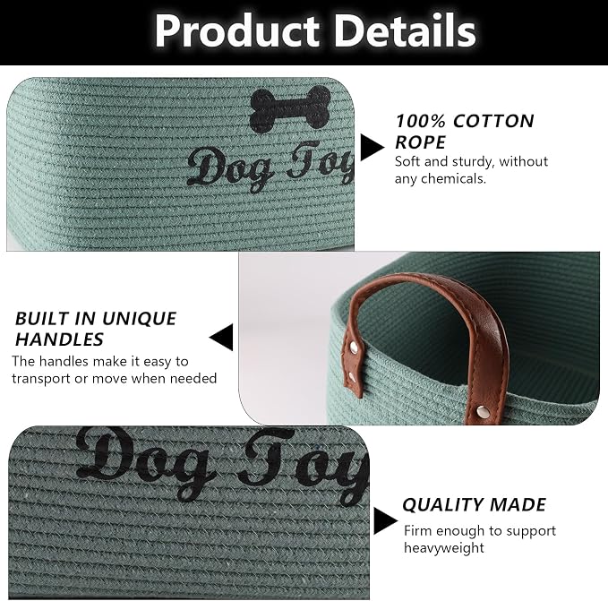 Geyecete X-Large Cotton Rope Dog Basket with Leather handle Blanket Storage Basket Decorative Clothes Hamper Basket | Extra Large Baskets for Blankets or Laundry-Geen - Image 2