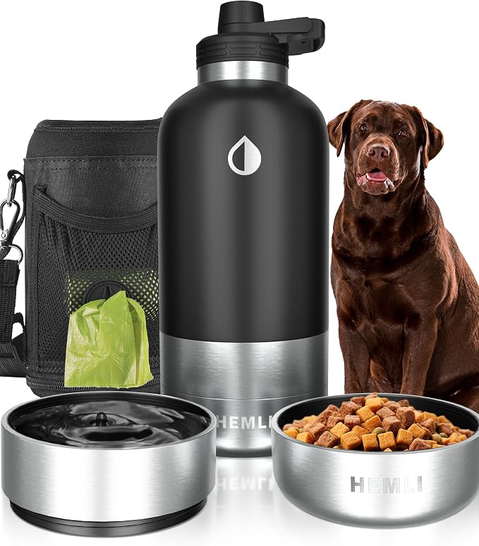 Dog Water Bottle, Insulated Dog Travel Water Bottle, Stainless Steel Pet Water Bottle Dispenser Portable Food and Water Bowl for Dogs with Carrying Case for Walking Dog Canteen Travel Kit by Hemli