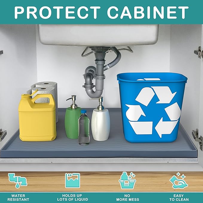 URMONA Waterproof Silicone Under Sink Mat 28'' x 22'' Shelf Liner for Kitchen and Bathroom, Cabinet and Counter Protector, Storage and Organizers, Litter Mat, Pet Cat Puppy Essentials(Brown) - Image 2