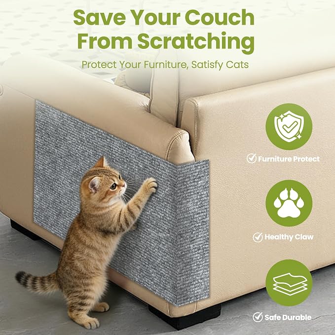 Cat Scratch Couch Furniture Protector, 78.7" x 15.8" Cat Scratcher Pad | Deterrent from Cats Claw Scratching, DIY Sisal Carpet Cat Proof Couch Cover Replacement for Indoor Sofa Wall Door, Light Grey - Image 2