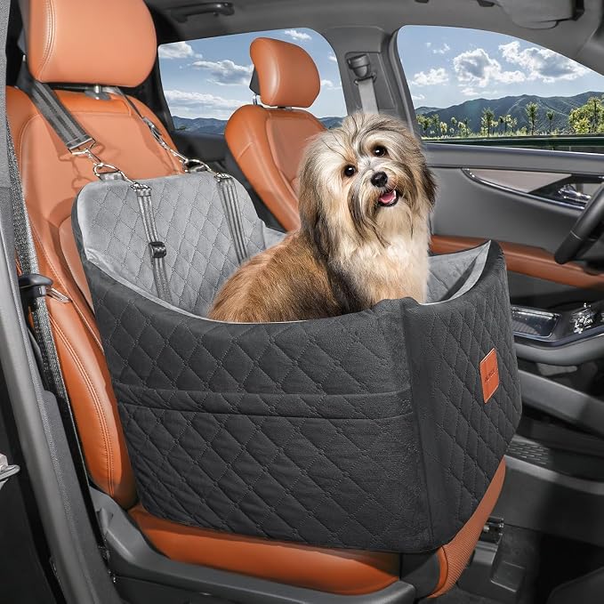 Dog Car Seat for Small Medium Dogs,Detachable Washable Dog Booster Seat Under 35lbs, Pet Car Seat Travel Bed with Storage Pockets and Safety Belt (Black/Grey, Medium) - Image 2