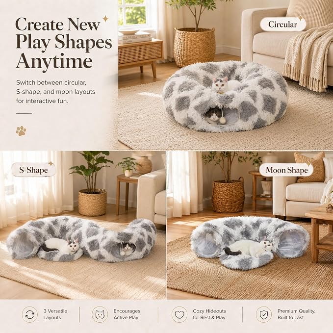 Warm Fluffy Plush Cat Tunnel Bed with Washable Cushion- Big Tube Playground Toys 3 FT Diameter Collapsible, for Indoor Cat Kitty Kitten Puppy Rabbit Ferret Gray-White Diamond Pattern - Image 4