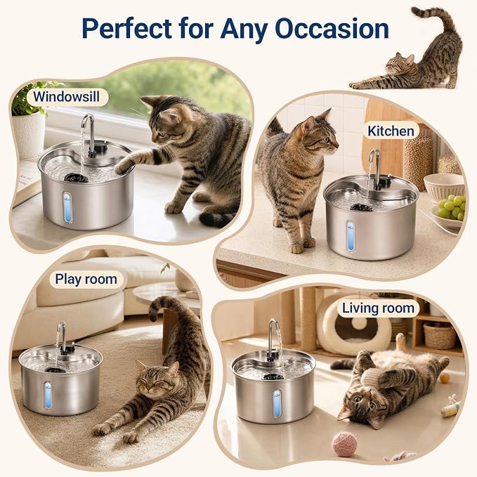 Cat Water Fountain, 118oz/3.5L Stainless Steel Cat Fountain with Ultra-Quiet Pump, LED Water Level Window, Automatic Cat Water Dispenser, 6-Layer Filtration Includes 2 Replacement Filters - Image 7