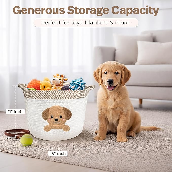 Golden Retriever and Lab Dog Toy Basket, Cotton Rope Storage Bin, 15x11 in | Pet Toy Storage, Blanket and Leash Organizer, Soft Felt Puppy Patch, Dog Mom Gift, Living Room and Crate Side Bin, Spot Clean - Image 3