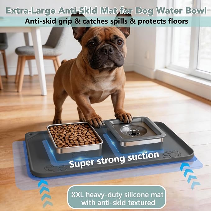 Dog Bowl Set, No Spill Dog Water and Food Bowl with Silicone Mat | Large Capacity 304 Stainless Steel Bowls, 2-In-1 Set, Slow Drinking, Anti-Slip Silicone Feeding Mat, Home/Travel, 6-7 Cups - Image 5