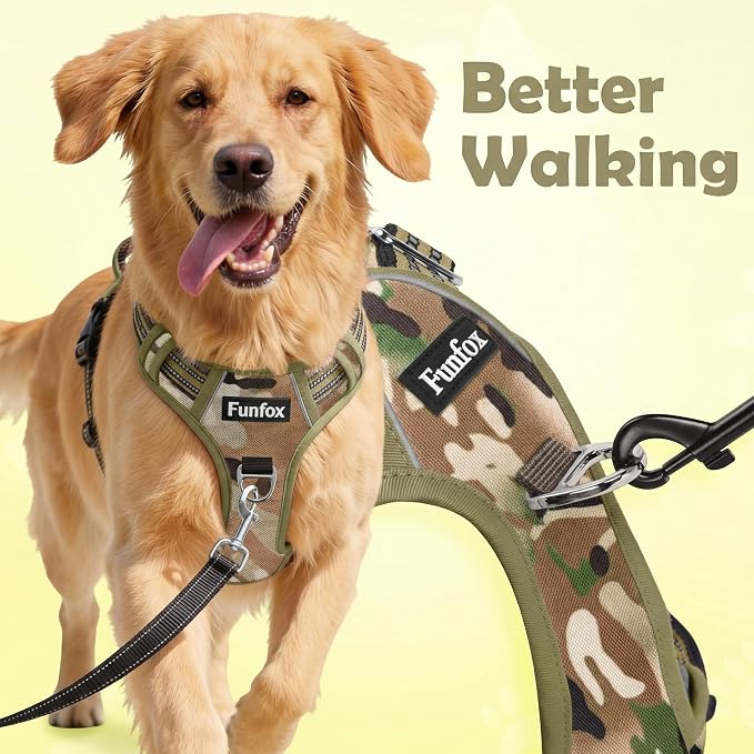Dog Harness No Pull, Adjustable Pet Vest Harness, Super Soft Material with Vertical Handle Easy Control, Reflective Night Walking, 2 Leash Clips for Large Dogs, Camo Green, L - Image 2
