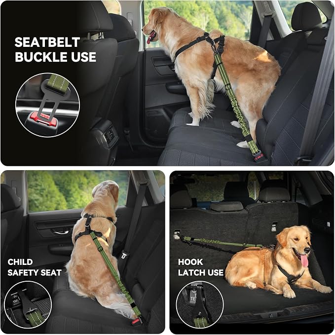 Pawaboo Dog Seat Belt Harness for Car, Seatbelt Harness with 2 in 1 Buckle | Adjustable Breathable Harness for Car, Elastic Reflective Heavy Duty Dog Tether, for Small Medium Large Pets, S, Green - Image 4