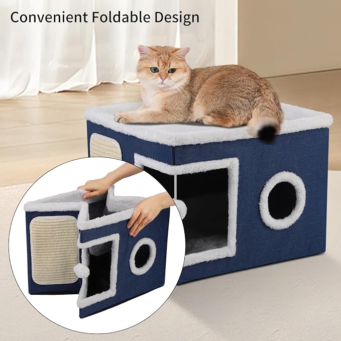Shikha Cat House Bed for Indoor Cats with Fluffy Ball and Scratch Pad Blue | Foldable Large Cat Cave Hideaway with Cozy Condo, Hide and Seek Window, Holds Up to 30LBS, All Season Reversible Cushion - Image 5