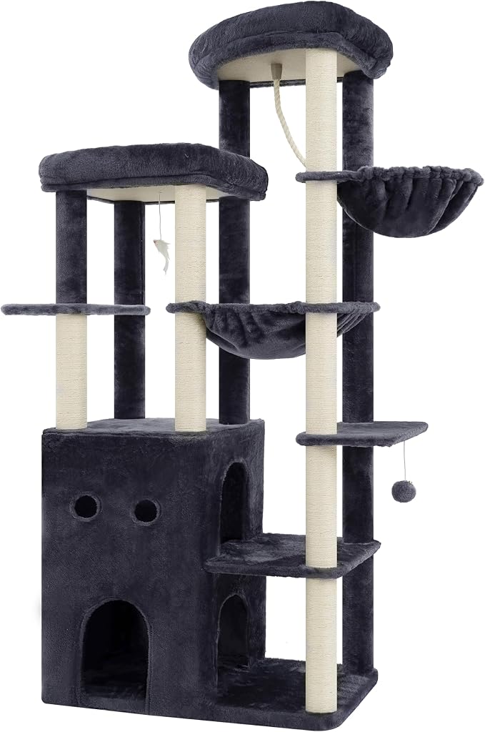 Heybly Cat Tree, 69.7 in Secure Anti-Tip Cat Tower for Large Cats HCT065G | Expansive Cat Furniture with Dual-Tier Cat Condo Villa, 2 Top Perches, Hammock & Full Sisal Scratching Posts, Smoky Gray - Image 4