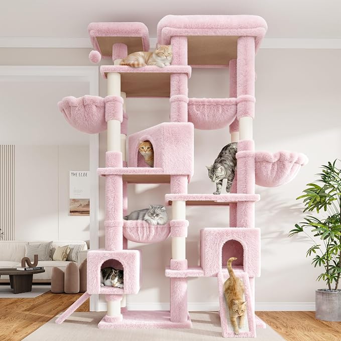 Sha Cerlin 87 in Multi-Level Tall Cat Tree Tower for Large Cats/Extra Wide Feline Activity Center/Sisal Scratching Posts/Wide Base/Cozy Plush Perches/Baskets/Hammocks/Toy Balls/Pink - Image 2