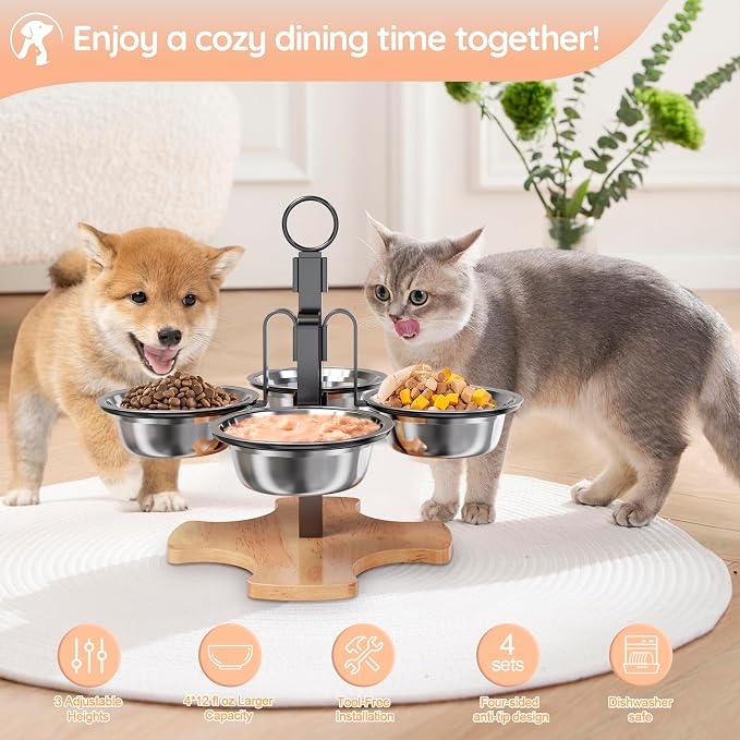 Adjustable Elevated Cat Bowls with Stand, Raised Food & Water Bowl Set | 3 Height Adjustable 4 Stainless Steel Bowls Pet Dishes for Indoor Cats Small Dogs, Non-Slip Feeding Station with Anti-Spill - Image 4