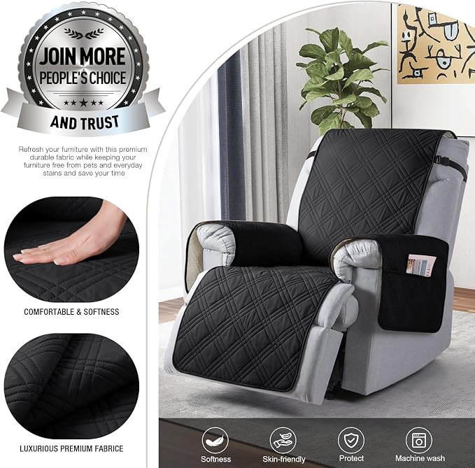 TAOCOCO Waterproof Recliner Chair Covers 30 Inch Wide, Oversized Recliner Covers for Recliner Chair with Pocket, Recliner Slipcovers with Straps Furniture Protector for Kids Pets (30'', Black) - Image 3