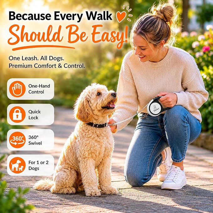 Dual Retractable Dog Leash,10 FT Tangle-Free Leash for 2 Dogs, Detachable for Single Use,One-Button Brake & Lock, Up to 44 lbs Each, 360° Swivel, Non-Slip Handle + Poop Bag Holder (Grey) - Image 7