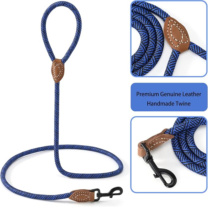 Mile High Life Dog Leash with Genuine Leather-Wrapped Ends, 4/5/6FT | Tangle-Free 360° Swivel Clasp Heavy Duty Rope Leash | Small Medium Large Dogs | Daily Walking (Blue, 60 Inch, 1/2") - Image 4
