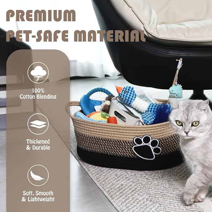 Sea Team Pet Toy Basket with Handles for Cats and Dogs, Flaxen Paw | Large Cotton Rope Storage Bin, Shelf Basket, Organizer for Pet Chew Toys, Foods, 16.5 x 11 x 7 Inches, 4.4 Gallons - Image 4