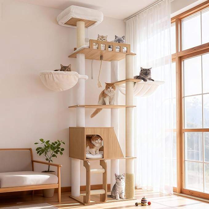 Hey-brother Wooden Cat Tree, Furniture Tower with Large Platforms, MPJ121BT | 69.7 inch, Modern Full Sisal Scratching Posts, Hammocks, Spacious Condo, Ladder, Brush, Water Proof Surface, White Oak by Hey-brother