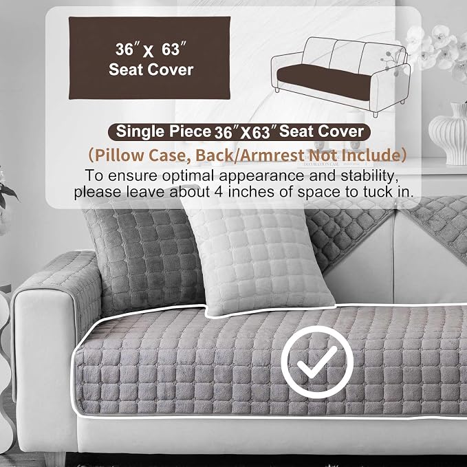 Velvet Washable Couch Cover for Pets Dogs, Non Slip Sectional Sofa Covers for 3 Cushion Couch Sofa L Sharped Sofa Slipcovers, Furniture Protector (1 PCS 36"x63",Dakr Grey) - Image 2