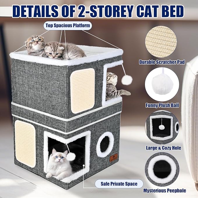 2-Story Cat House for Indoor Cats, Dual-Purpose Cave Bed with Scratch Pad and Fluffy Ball, Foldable Cat Hideaway, Cute Condo Furniture for Multi Small Pet Kitten, Grey - Image 5
