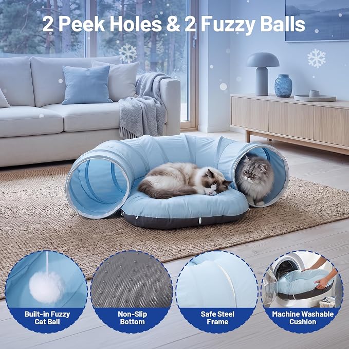Ice Silk Cooling Cat Tunnel, 39.4in Multi-Cat Family Cat Tube, Blue | Breathable Thin Cat Play Tunnel, Lockfill Cotton Pad Included, Waterproof & Anti-Static, Ideal Summer Cat Toy - Image 6