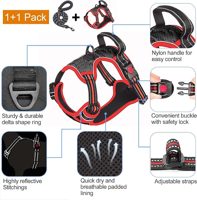tobeDRI No Pull Dog Harness Adjustable Reflective Oxford Easy Control Medium Large Dog Harness with A Free Heavy Duty 5ft Dog Leash, Black/Red, L - Image 3