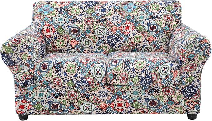 hyha Stretch Couch Cover, Sofa Covers for 2 Separate Cushion Couch Washable | Loveseat Cover, Floral Pattern, Printed, 3 Pieces, 2 Seater Furniture Protector with Elastic Bottom for Dogs, Pet Friendly by hyha