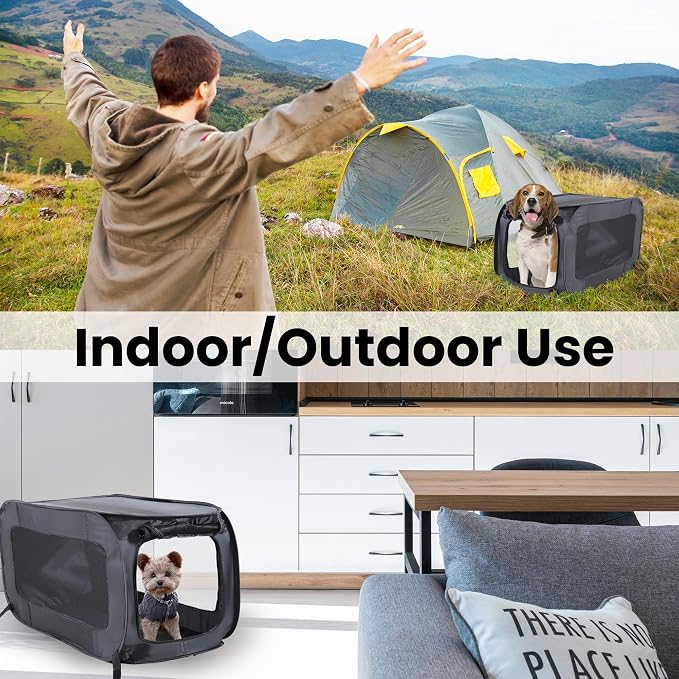 Portable Collapsible Pop Up Kennel, 36" L x 22" W x 22" H, Black | Collapsible indoor/outdoor travel cat and dog crate with mesh screen windows pops up and folds flat for easy storage - Image 6