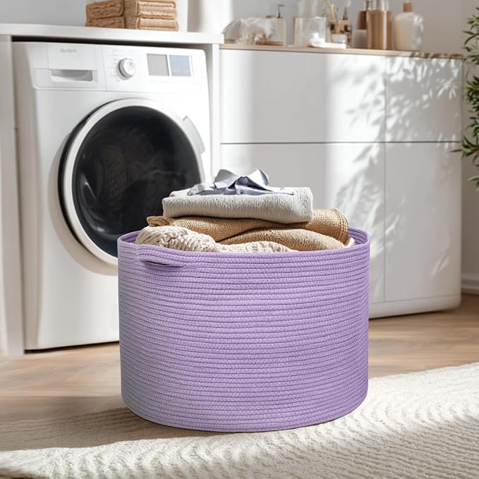 MEGASKET 115L Extra Large Purple Storage Basket, 23.6" X 15.7" Jumbo Woven Cotton Rope Bin for Throw Blankets Pillows, Baby Laundry Basket, Dirty Clothes Organizer, Big Storage Box for Toys, Towels - Image 7