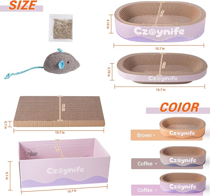 3PCS Cat Scratcher Cardboard, Oval Cat Scratch Pad Bowl Nest for Indoor Cats, Round Cat Scratching Board Corrugated Lounge Cat Bed, Furniture Protector for Couch (Purple, 15.7 * 10 in) - Image 3