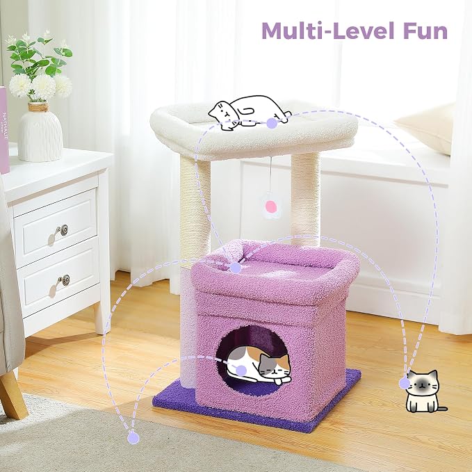PEQULTI Indoor Cat Tree Tower Small Cats, Sisal Post & Cozy Condo, Purple | Private soft cat condo, soft top perch, natural sisal scratch posts, plush pom-pom toy for indoor kitties - Image 5