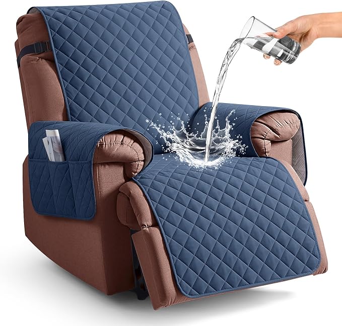 KinCam 100% Waterproof Recliner Chair Covers Washable, 23.6", Blue | Anti Slip Reclining Couch Covers for Pets Dog, Recliner Sofa Slipcover Storage Pocket, Furniture Protector with Elastic Strap by KinCam