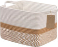 Goodpick Woven Rope Storage Basket for Shelves, White & Camel Mix | 13" × 10" × 9" Stylish Gift Basket for Home Decor, Cotton Rope Baskets for Toys & Magazines Storage, Reinforced Handles by Goodpick
