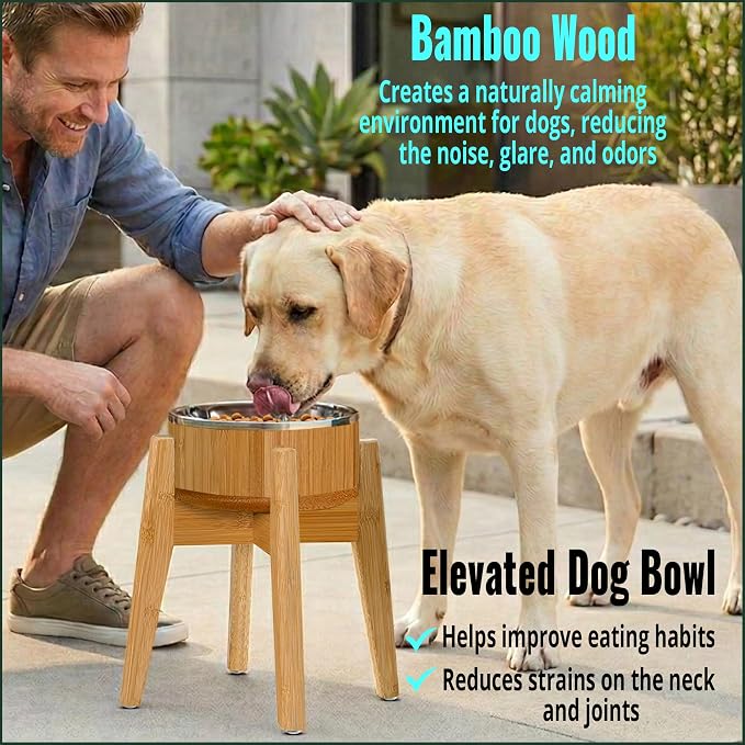 Elevated Dog Bowl for Mid-Large Breed, (12-Inch High, 64-oz) | Raised Food and Water Bowl with Stand, Flip-Resistant - Real Bamboo and Stainless Steel - Image 5