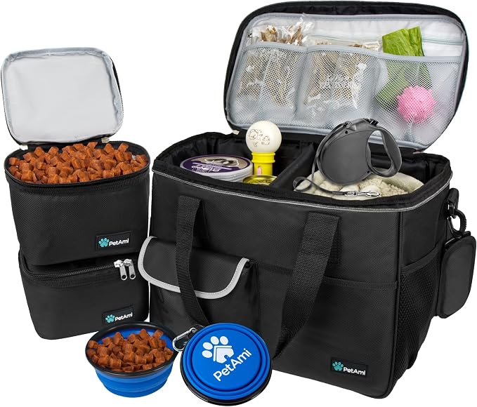 PetAmi Dog Travel Bag Organizer, Pet Supplies Tote Diaper Bag, Black Medium | Pet Travel Kit with 2 Food Containers & 2 Collapsible Dog Bowls, Luggage Sleeve, Weekend Getaway Road Trip Camping Essentials by PetAmi