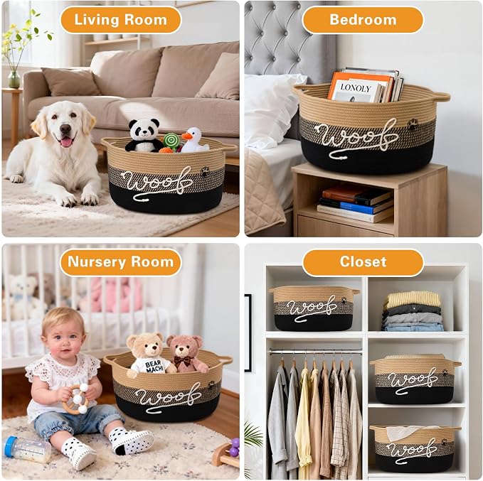 Woof Dog Toy Basket with Handles, Large Dog Toy Storage Bin with Paw Print, Woven Dog Basket for Blankets, Toys, Chews, Pet Toy Box for Nursery, Living Room, Bedroom, 20”x14”x9, Black - Image 6