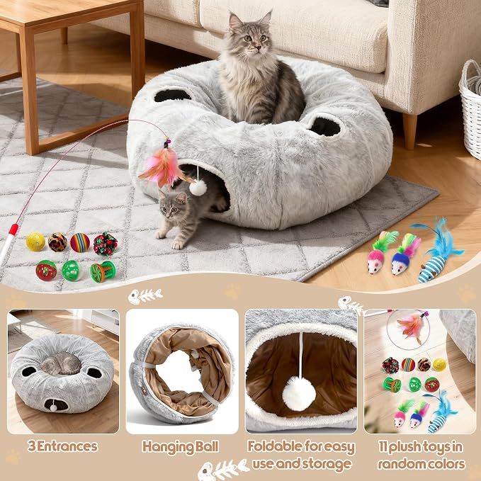 4-Holes Cat Tunnels for Indoor Cats, Plush Donut Cat Bed Tunnel Grey | Large Cat Bed Cave, 11 Cat Toys Gift, Very Soft and Lightweight, Cat Cave Hideout, fits Multiple Cats, Kitten, Puppy, Rabbit - Image 5