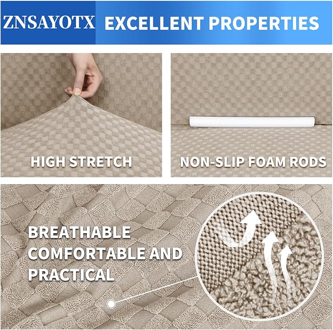 ZNSAYOTX 1 Piece Jacquard Couch Covers for 3 Cushion Couch Living Room High Stretch Sofa Cover Pets Dogs Friendly Anti Slip Thickened Slipcovers Furniture Protector (Sofa, Khaki) - Image 5
