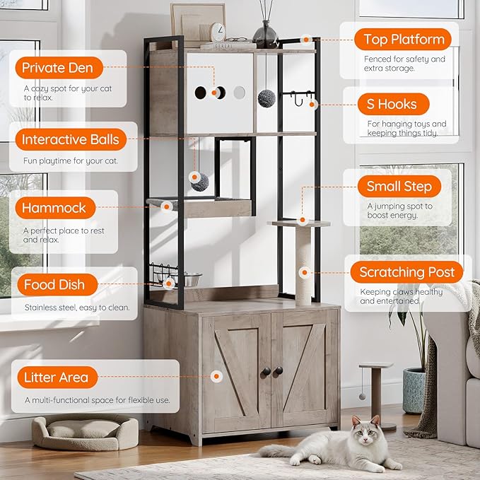 HOOBRO Cat Tree with Litter Box Enclosure, 58.7" H Cat Tower with Hidden Litter Box Furniture, with Scratching Post, Step, Hammock, Multifunctional Pet Furniture with Food Bowls, Greige BG30MZ03G1 - Image 3