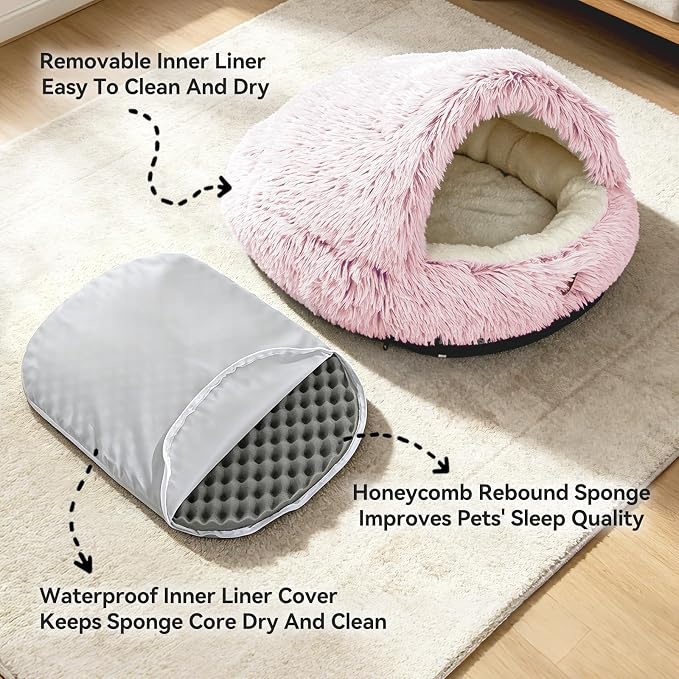 YooxArmor Round Covered Cat Bed Cave Dog Bed for Small Medium Pets,Pink,M | Cozy,Washable,Windproof,Hooded Cat Bed Cave,Self Warming Anti-Anxiety House with Fluffy Cover - Image 5