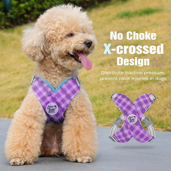 Pawaboo Small Dog Harness and Leash Set, Puppy Harness X-Frame Adjustable | Dog Vest Harness for Small Medium Sized Dogs No Pull No Choke, Soft Breathable Pet Harness for Walking Outing, S,Purple Plaid - Image 3