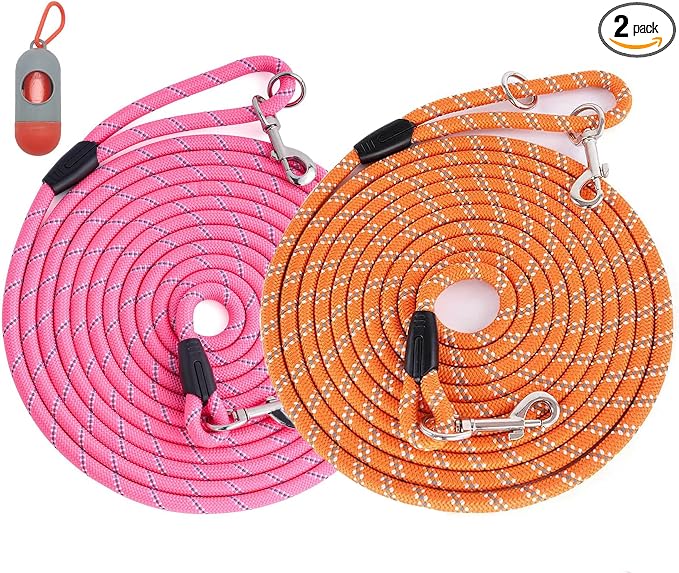 (2 Pack) Long Dog Leash for Dog Training 16FT/20FT/30FT/50FT, ReflectiveHeavy Duty Dog Lead for Large Medium Small Dogs Outside Walking, Playing, Camping, or Yard,Orange&Pink 50FT by Lanwandeng