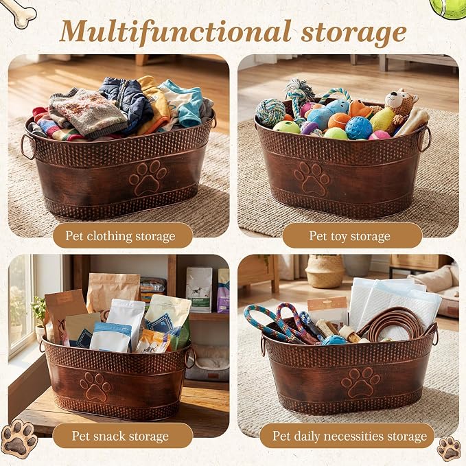 Zonon Metal Dog Toy Storage Bin with Handles 21 Quart Vintage Decorative Basket for Dog Ropes Food Living Room Decor, Galvanized Steel Pet Toy Organizer, 18x11.5x7.5 Inch (Dog's Paw) - Image 7