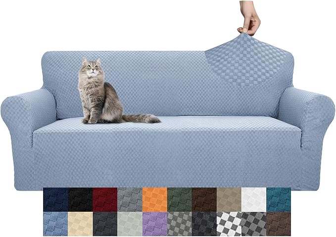 YEMYHOM Couch Cover Latest Jacquard Design High Stretch Sofa Covers for 3 Cushion Couch, Pet Dog Cat Proof Slipcover Non Slip Magic Elastic Furniture Protector (Large, Light Blue) by YEMYHOM