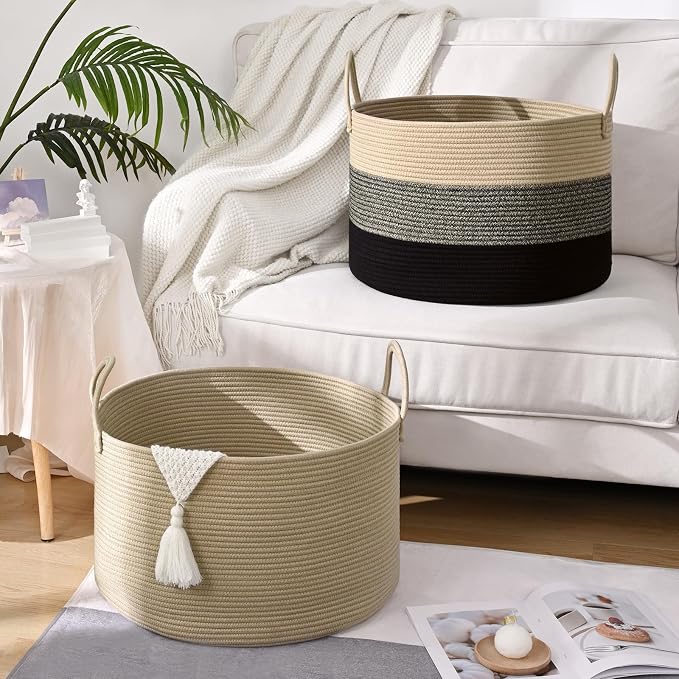 67L Large Woven Blanket Basket, Cotton Rope Baby Laundry Hamper with Handles, Kids Toy Basket for Classroom & Nursery, Soft Round Stuffed Animal Storage, Dog Toy Bin - 20"x13", Brown - Image 9