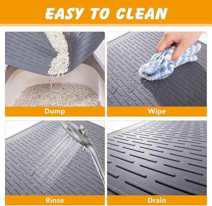 Silicone Cat Litter Mat, Waterproof, Raised Edge, 28 x 20 in, Gray | Quick-clean silicone, leakproof floor protection, non-slip base, doubles as feeding mat - Image 4