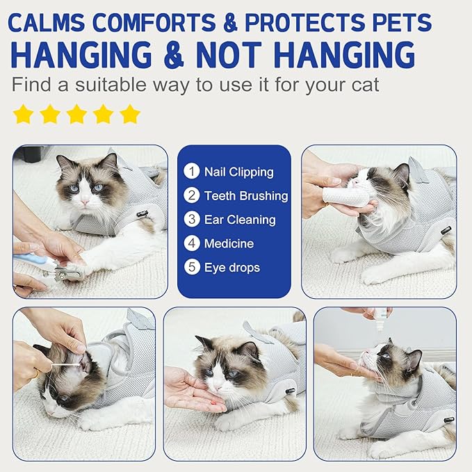 Supet Cat Grooming Hammock Harness for Nail Trimming, Kitten Care Sling | Small Dog Hanging Sling for Nail Clipping, Pet Restraint Holder for Medicine, Ear & Teeth Cleaning, Eye Care (Grey M) - Image 4