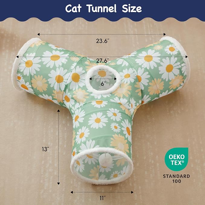 Tempcore Cat Tunnel for Indoor Cats, 3 Way Collapsible Pet Play Tunnel with Teaser Wand, Peek Holes & Hanging Ball, Interactive Tube for Kittens & Rabbits, Daisy Green Printed - Image 2
