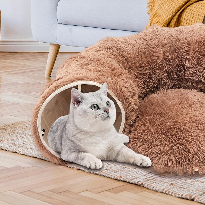 Cat Tunnels for Indoor Cats, Donut Tunnel Toys for Cats - Brown | Washable Circle Cushion, 3-in-1 Foldable Playground & Cozy Cave Bed for Kittens, Puppy, Rabbits, Ferret - Image 7