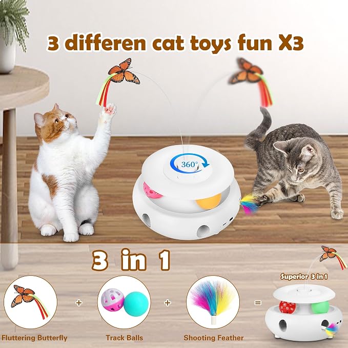 3-in-1 Interactive Cat Toy for Indoor Cats, White | Rechargeable Automatic, Fluttering Butterfly, Moving Feather, Smart Sensor 6 Holes Whack-A-Mole, Track Balls - Image 3