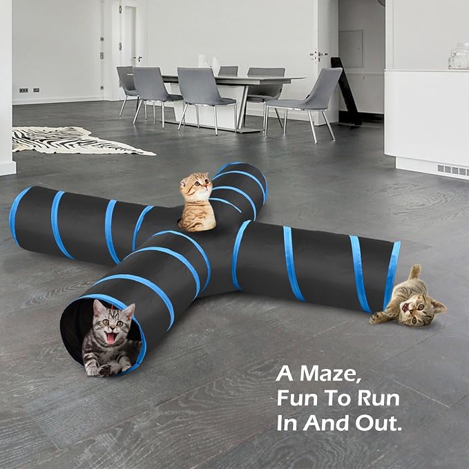 Pawaboo Cat Tunnel Tube 4 Way, 25x53cm, Blue | Extensible Collapsible, Interactive Toy Maze Cat House, With Balls and Bells, For Cat Kitten Kitty Rabbit Small Animal - Image 7